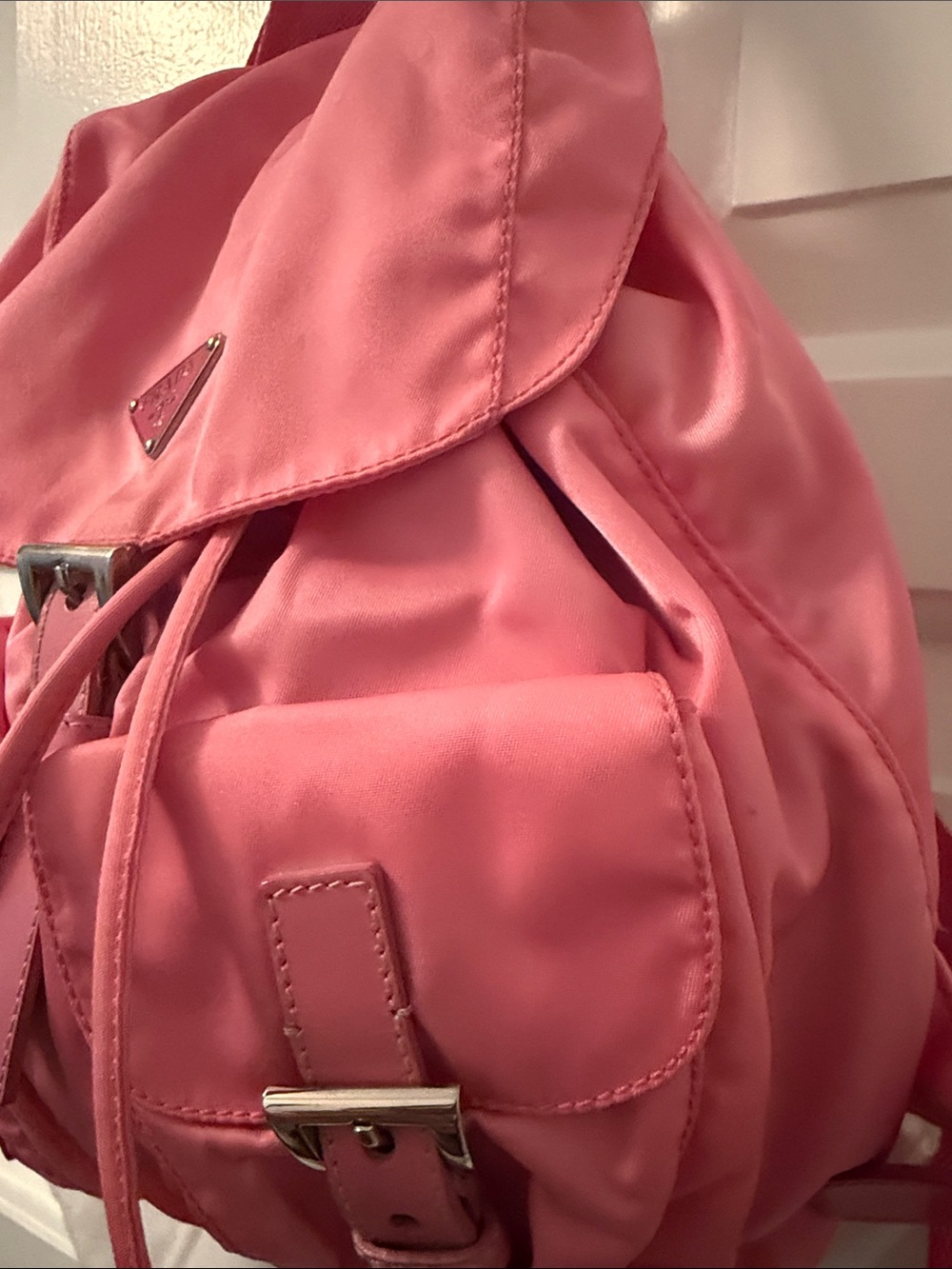 Prada Coral Pink Nylon Backpack with Front Buckle Pockets - Picture 3 of 7